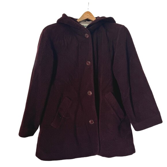 L.L. Bean Jackets & Blazers - L.L. Bean Women's Maroon Burgundy Wool-Blend Hooded Coat Jacket Button, Size S